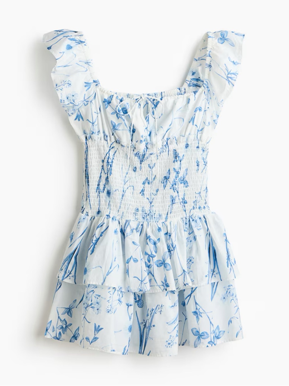 H&M Ruffle Tiered Skirt White Mini Dress with Blue Floral Print - Picture 5 of 12